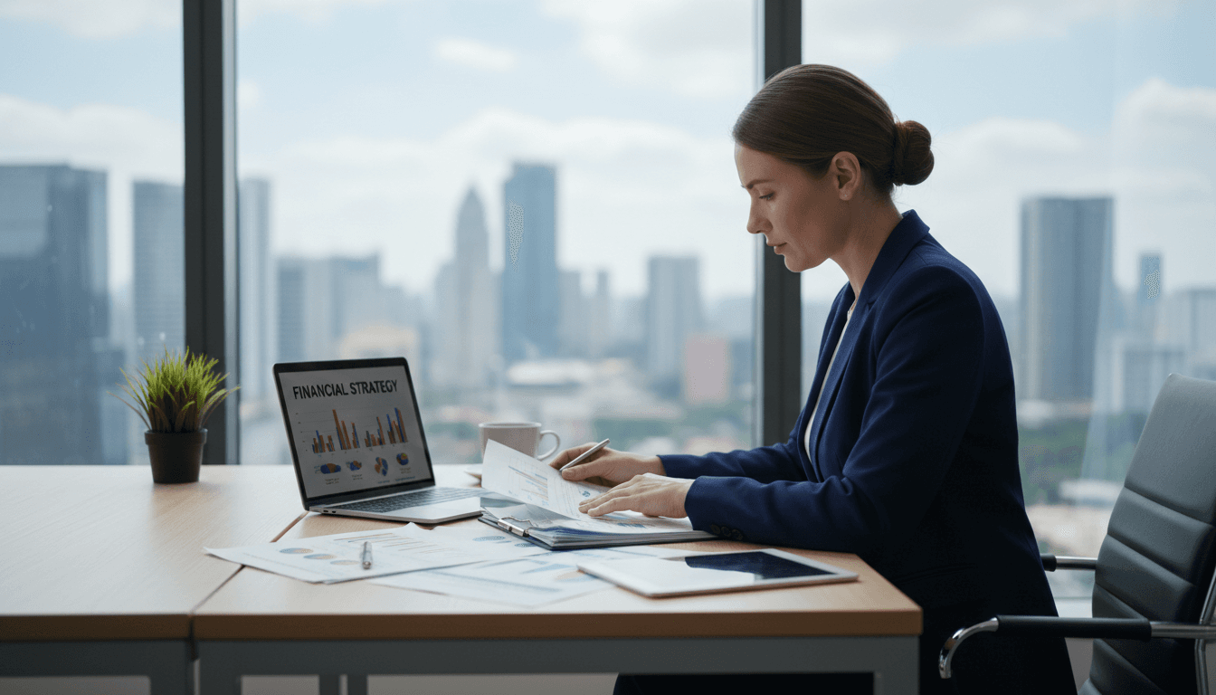 Asesor financiero profesional analizando documentos de inversión en oficina moderna