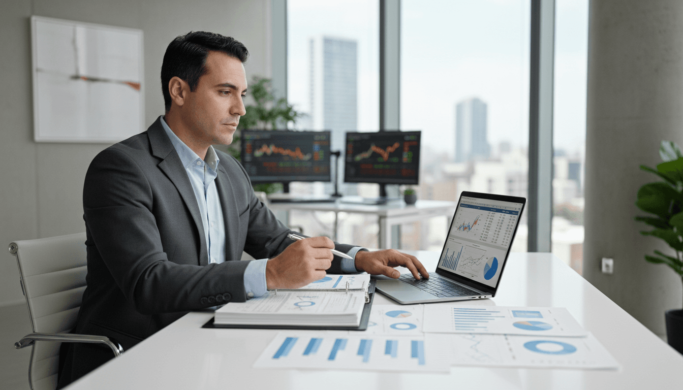 Financial advisor analyzing investment documents in a modern office