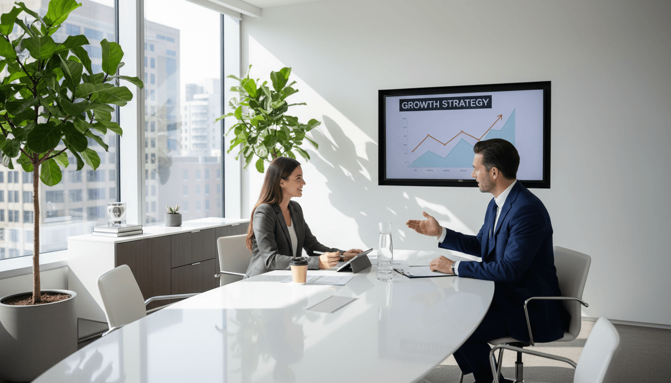 Asesor financiero profesional en reunión con cliente en oficina moderna