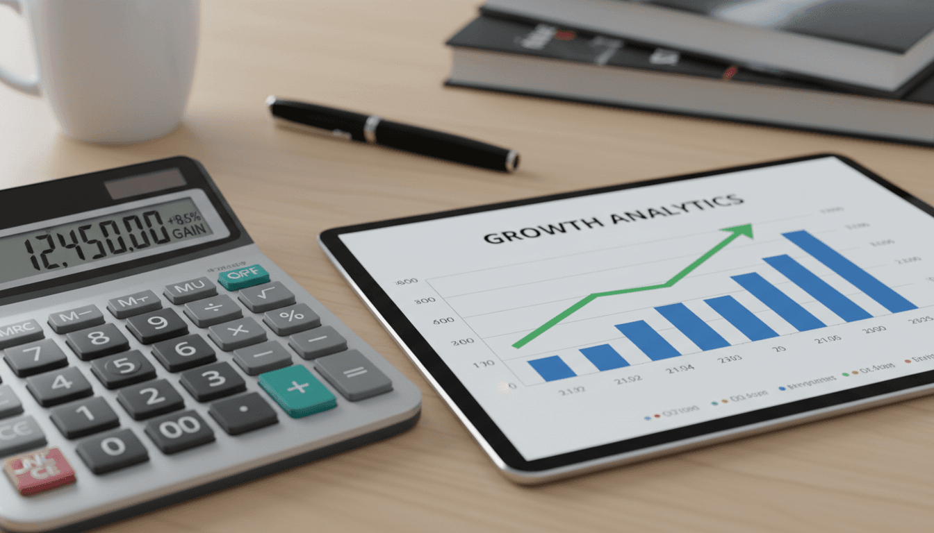 Gráficos financieros y calculadora mostrando análisis de crecimiento