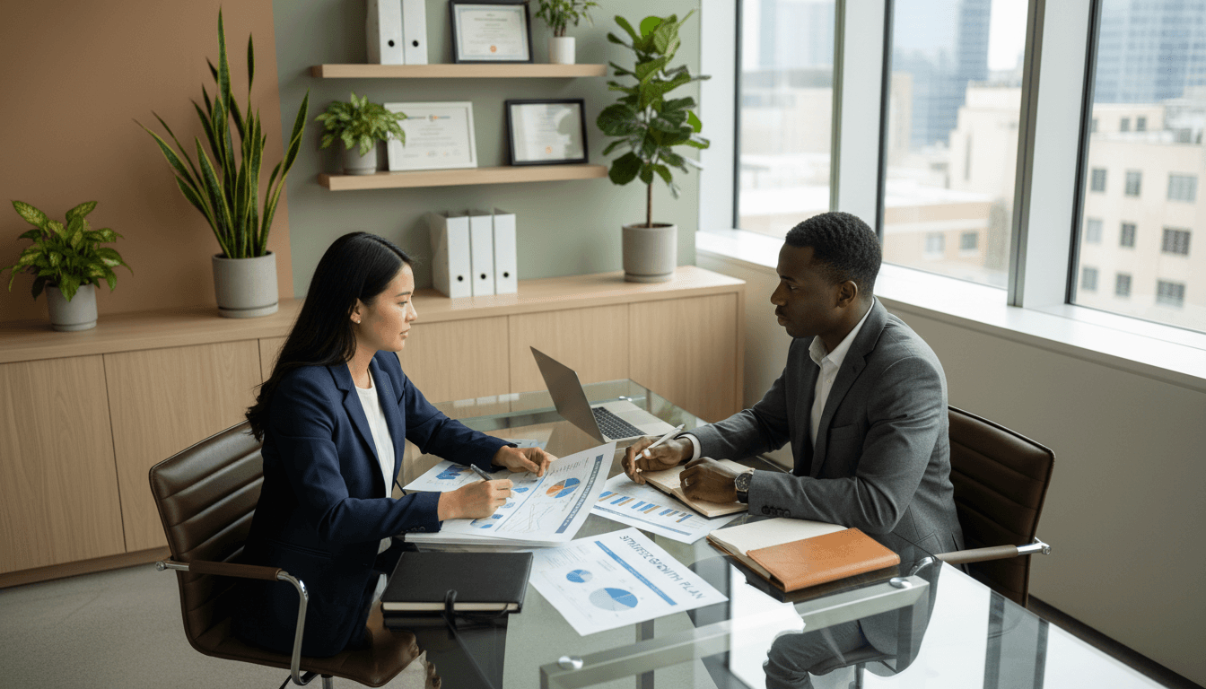 Reunión profesional de asesoría financiera con documentos y análisis